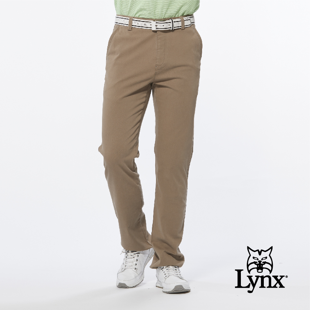 【Lynx Golf】男款彈性舒適經典素面基本款平口休閒長褲-卡其色