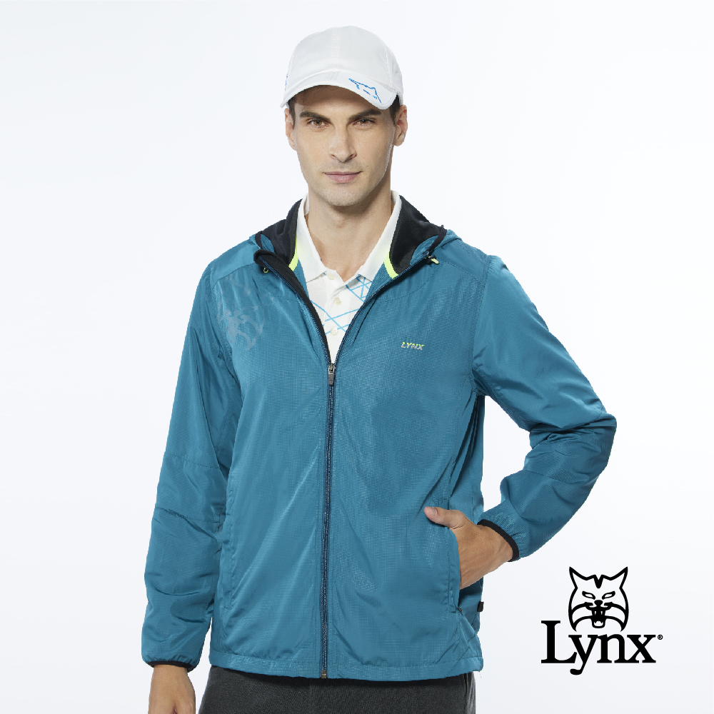 【Lynx Golf】男款保暖防風內刷毛右肩經典大山貓印花長袖連帽外套(三色)