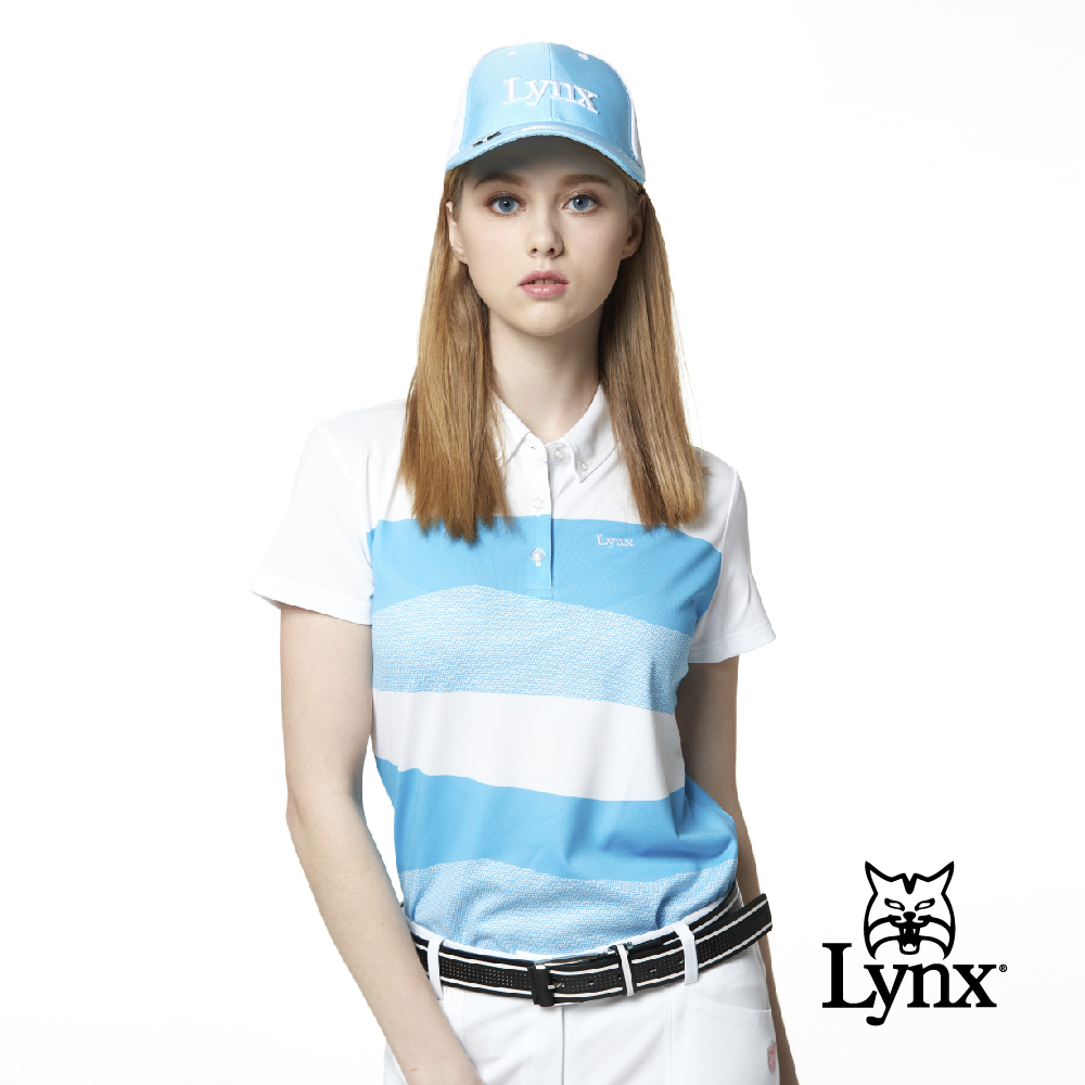 【Lynx Golf】女款吸濕排汗領尖扣設計波浪條紋印花短袖POLO衫-白色