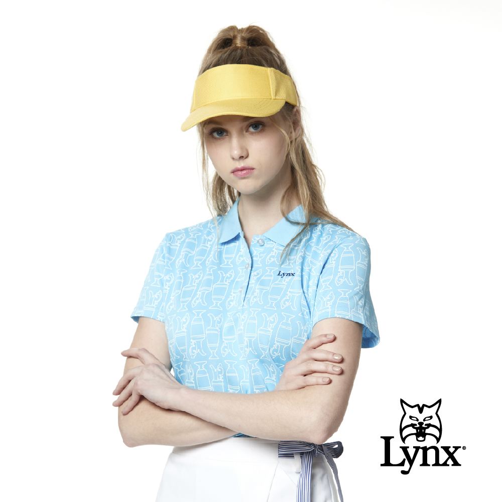 【Lynx Golf】女款吸濕排汗羅紋領滿版獎盃圖樣印花短袖POLO衫-淺藍色