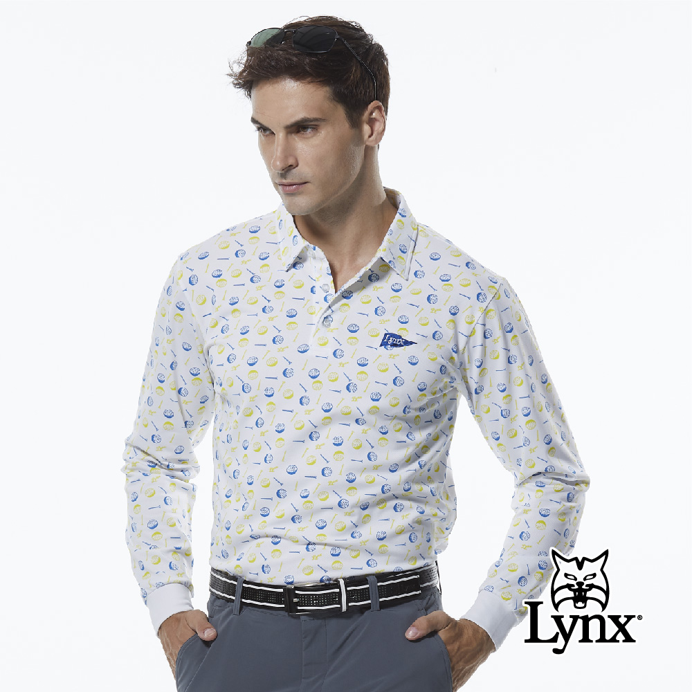 【Lynx Golf】男款吸濕排汗滿版高爾夫印花旗幟Lynx繡花長袖POLO衫-白色