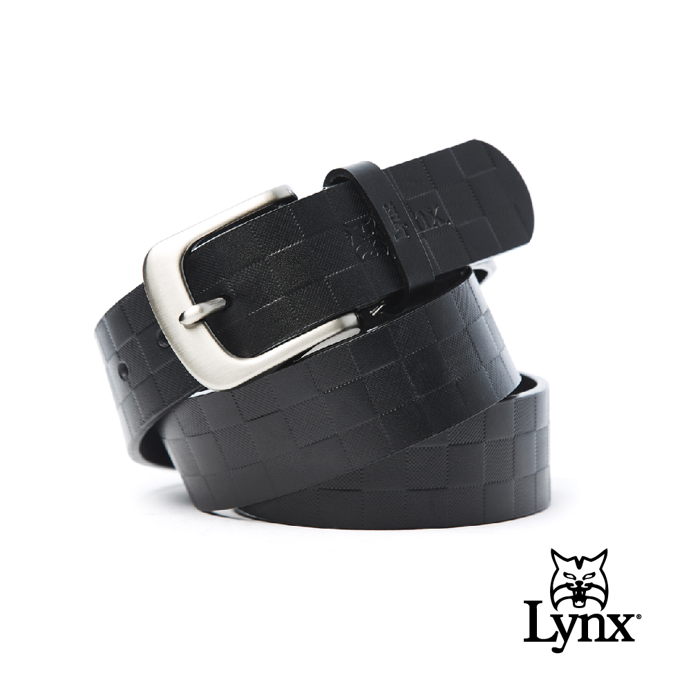 【Lynx Golf】男款時尚格紋牛皮針扣皮帶-黑色