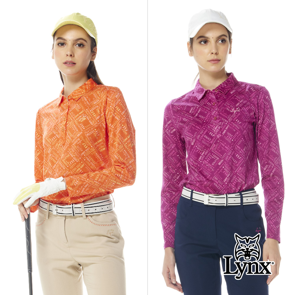 【Lynx Golf】女款純棉雙絲光滿版Lynx英文字樣印花長袖POLO衫/高爾夫球衫(二色)