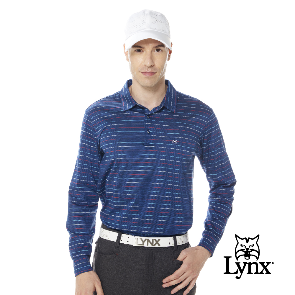 【Lynx Golf】男款歐洲進口布料純棉絲光藍底配色條紋胸袋款長袖POLO衫-藍色
