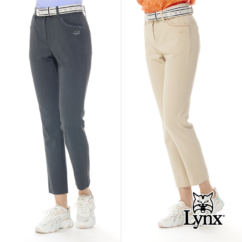 【Lynx Golf】女款彈性舒適內腰格紋配布造型出芽口袋設計窄管九分褲(二色)