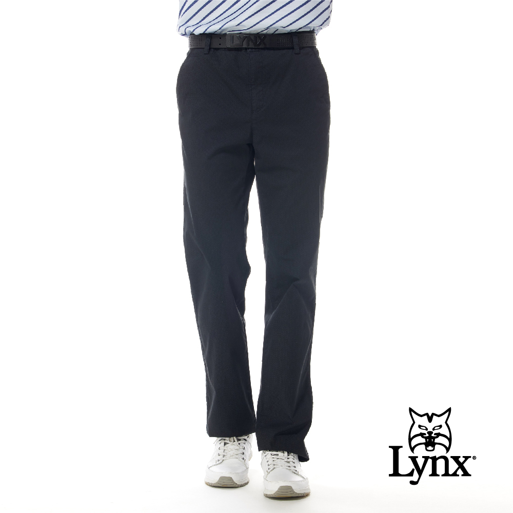 【Lynx Golf】男款混紡材質保暖彈性舒適精選牛仔單寧花色平口休閒長褲-深藍色