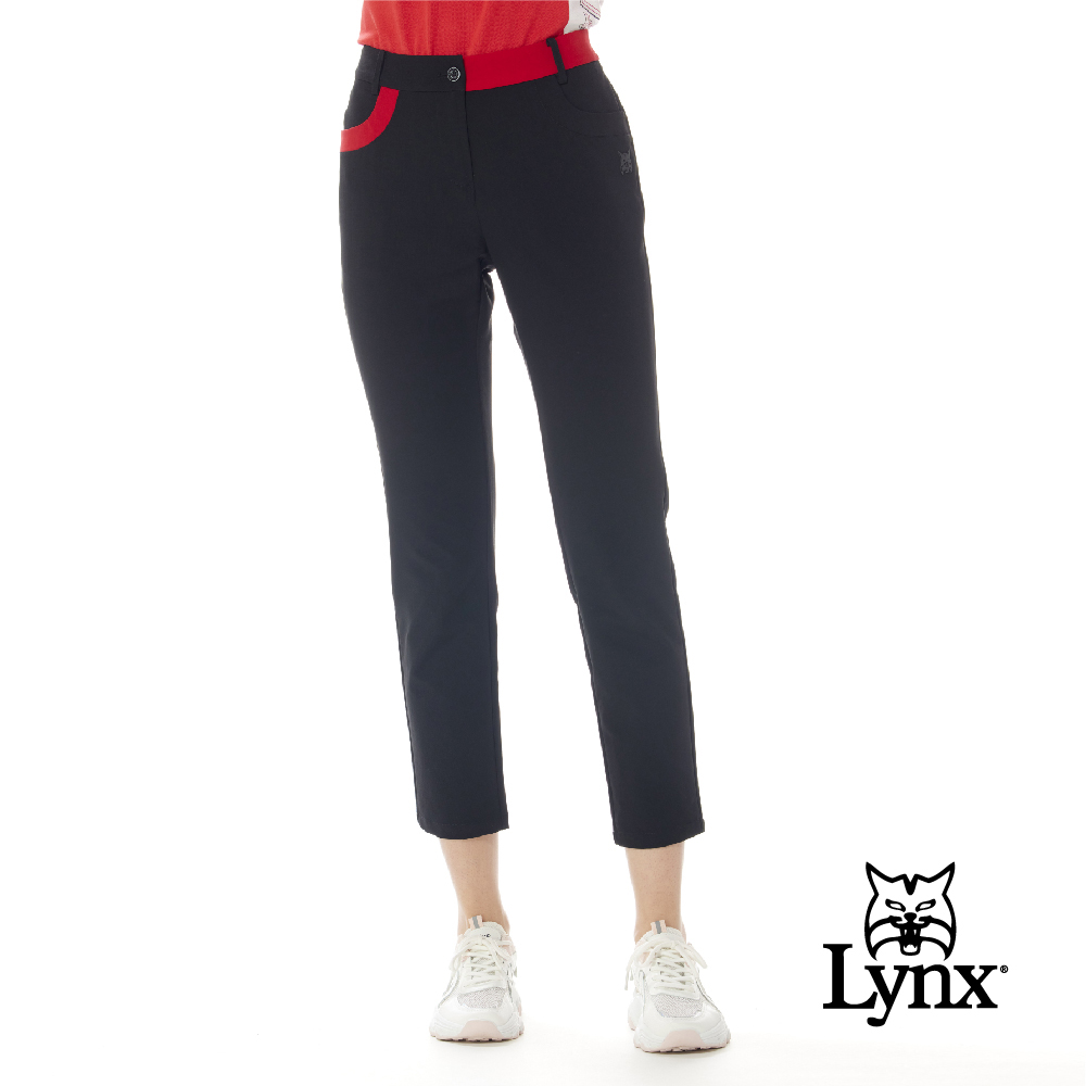 【Lynx Golf】首爾高桿風格！女款彈性舒適腰圍剪接D型環設計前袋配色窄管九分褲(二色)