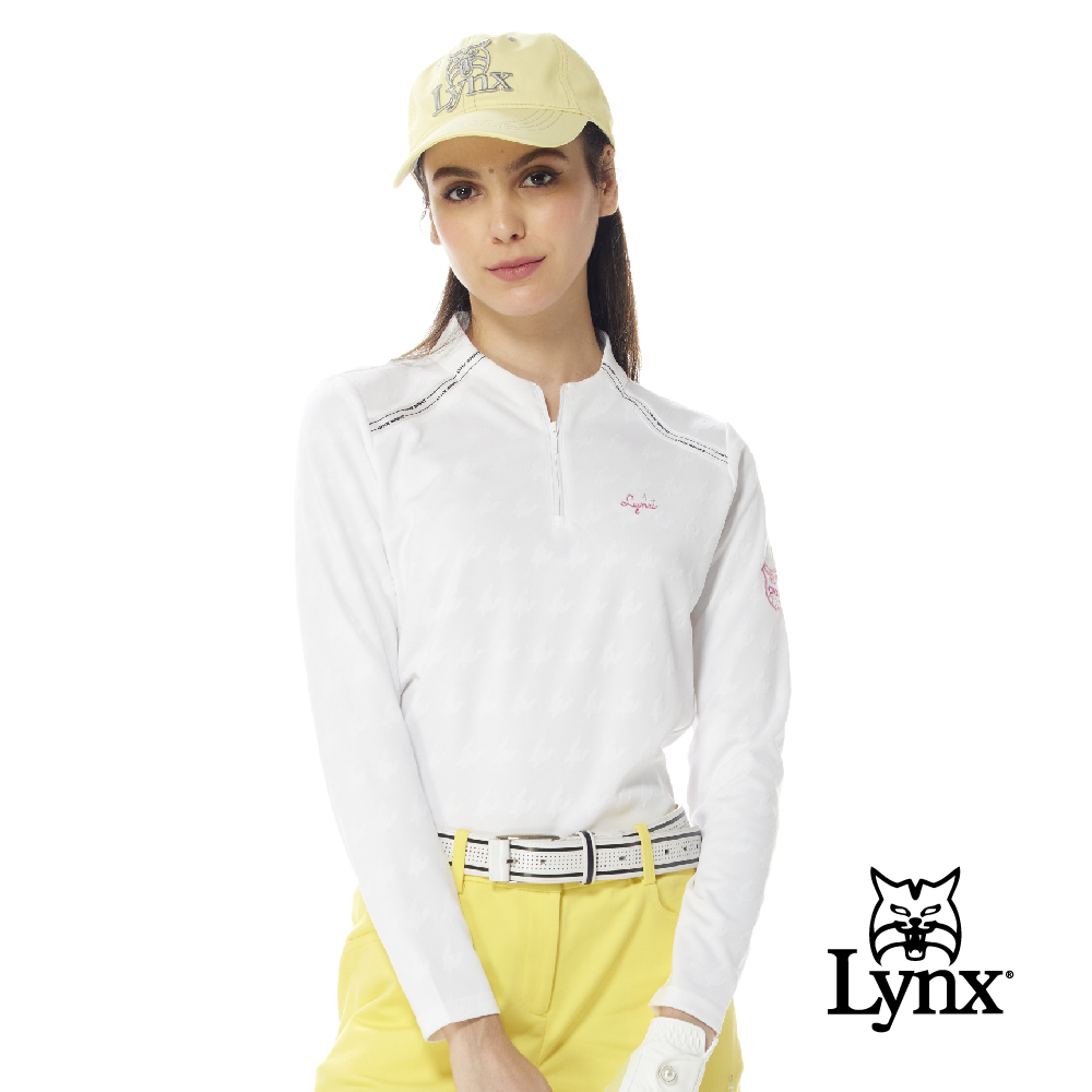 【Lynx Golf】女款吸濕排汗千鳥紋緹花布料LOGO針織帶剪裁設計長袖立領POLO衫/高爾夫球衫(二色)