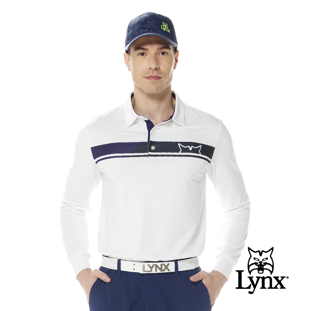 【Lynx Golf】首爾高桿風格！男款合身版吸溼排汗抗UV極簡風前後橫條印花長袖POLO衫(二色)