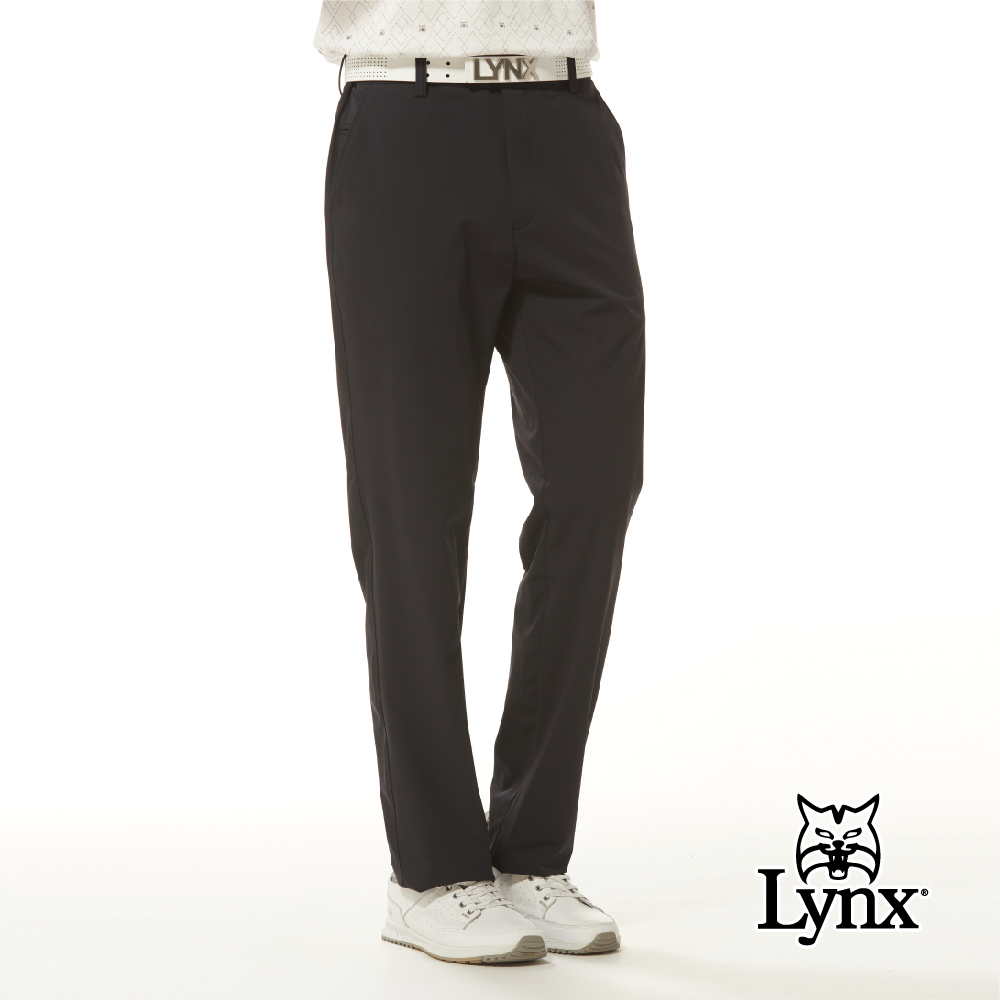 【Lynx Golf】男款彈性舒適MODAL材質百搭正式素面款式平面休閒長褲-藍黑色