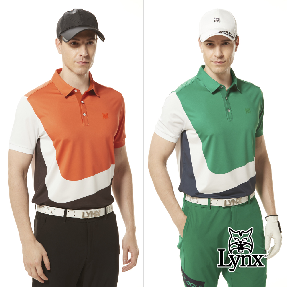 【Lynx Golf】首爾高桿風格！男款合身版吸濕排汗上下跳色曲線造型羅紋袖POLO衫/高爾夫球衫(二色)