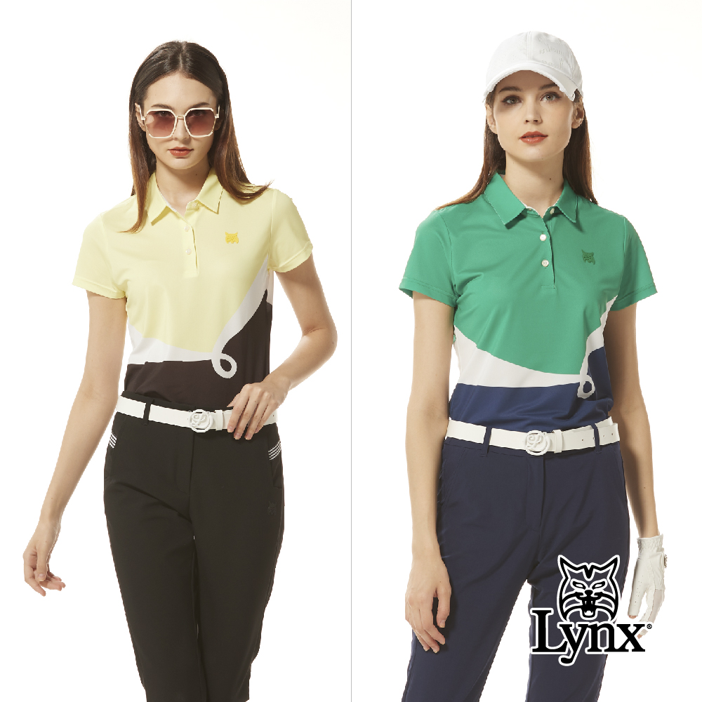 【Lynx Golf】首爾高桿風格！女款合身版吸排抗UV上下配色曲線造型山貓膠標POLO衫/高爾夫球衫(二色)
