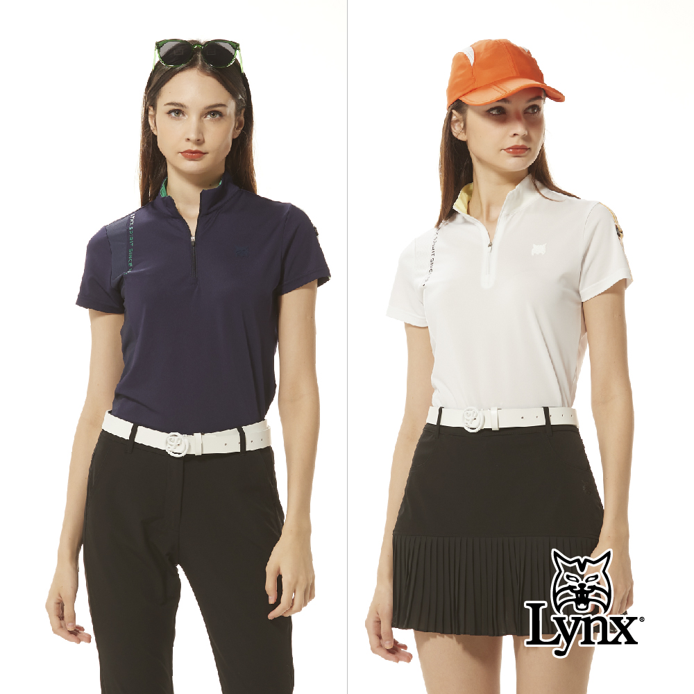 【Lynx Golf】首爾高桿風格！女款合身版吸排抗UV側邊配布剪裁左肩織帶立領POLO衫/高爾夫球衫(二色)