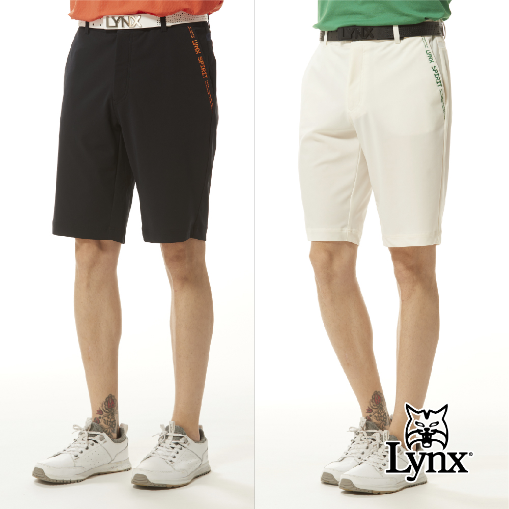 【Lynx Golf】男款日本進口面料四面彈性精美繡花造型後腰頭配布剪裁設計平口休閒短褲(二色)