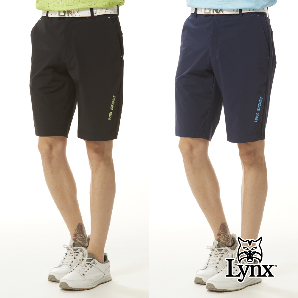 【Lynx Golf】男款防潑水四面彈性LOGO字樣鬆緊帶兩側配布拉鍊後口袋平口休閒短褲(二色)