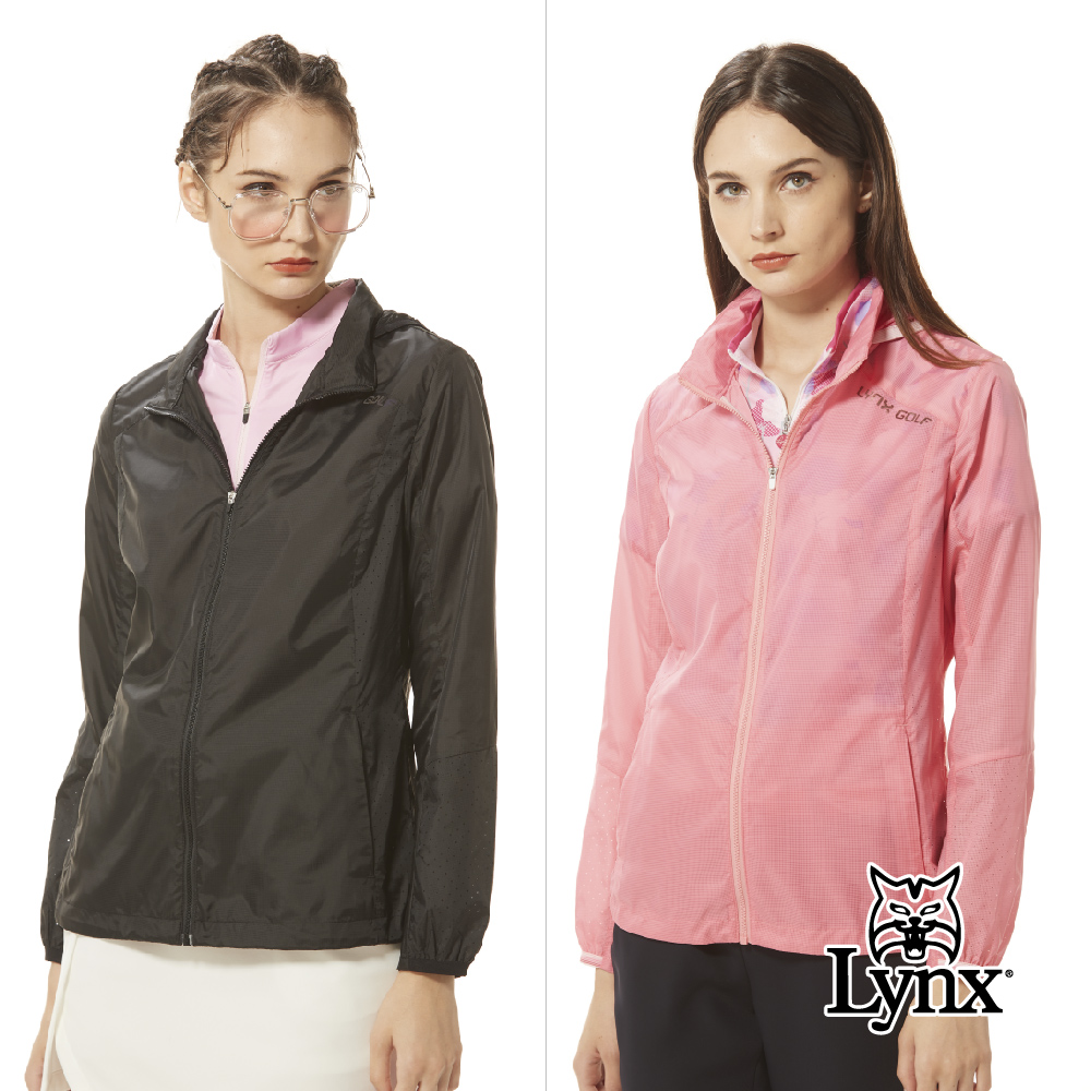 【Lynx Golf】女款輕量防風拉鍊口袋異材質剪接設計質感山貓膠標可收式連帽長袖外套(二色)