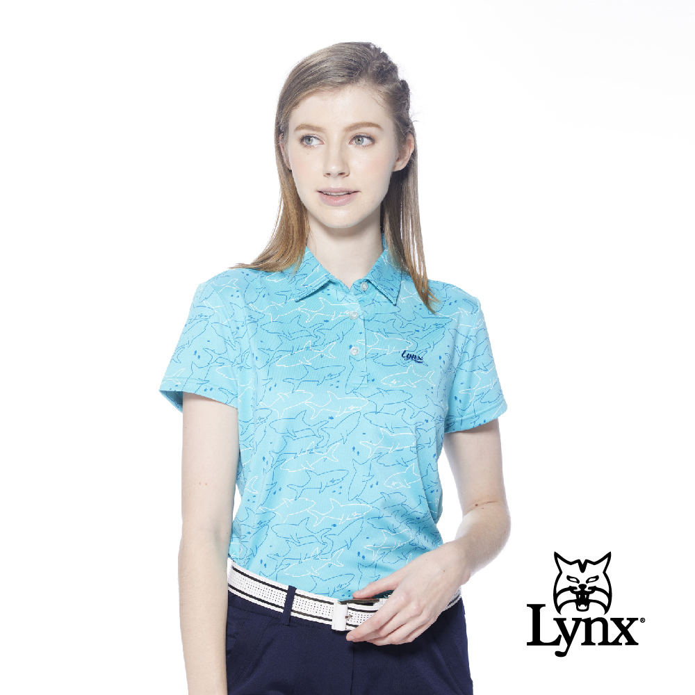 【Lynx Golf】女款吸溼排汗機能滿版海洋鯊魚圖樣印花短袖POLO衫-藍綠色