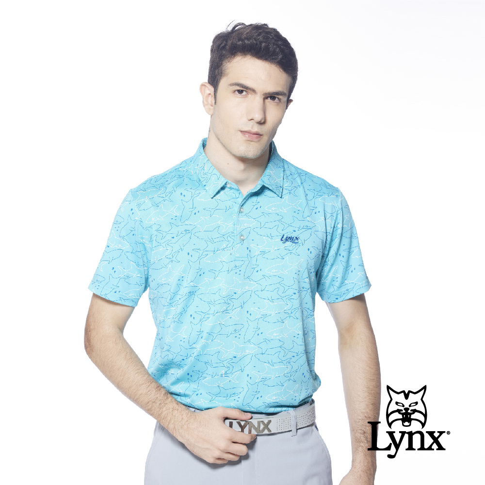【Lynx Golf】男款吸溼排汗機能滿版海洋鯊魚圖樣印花短袖POLO衫-藍綠色