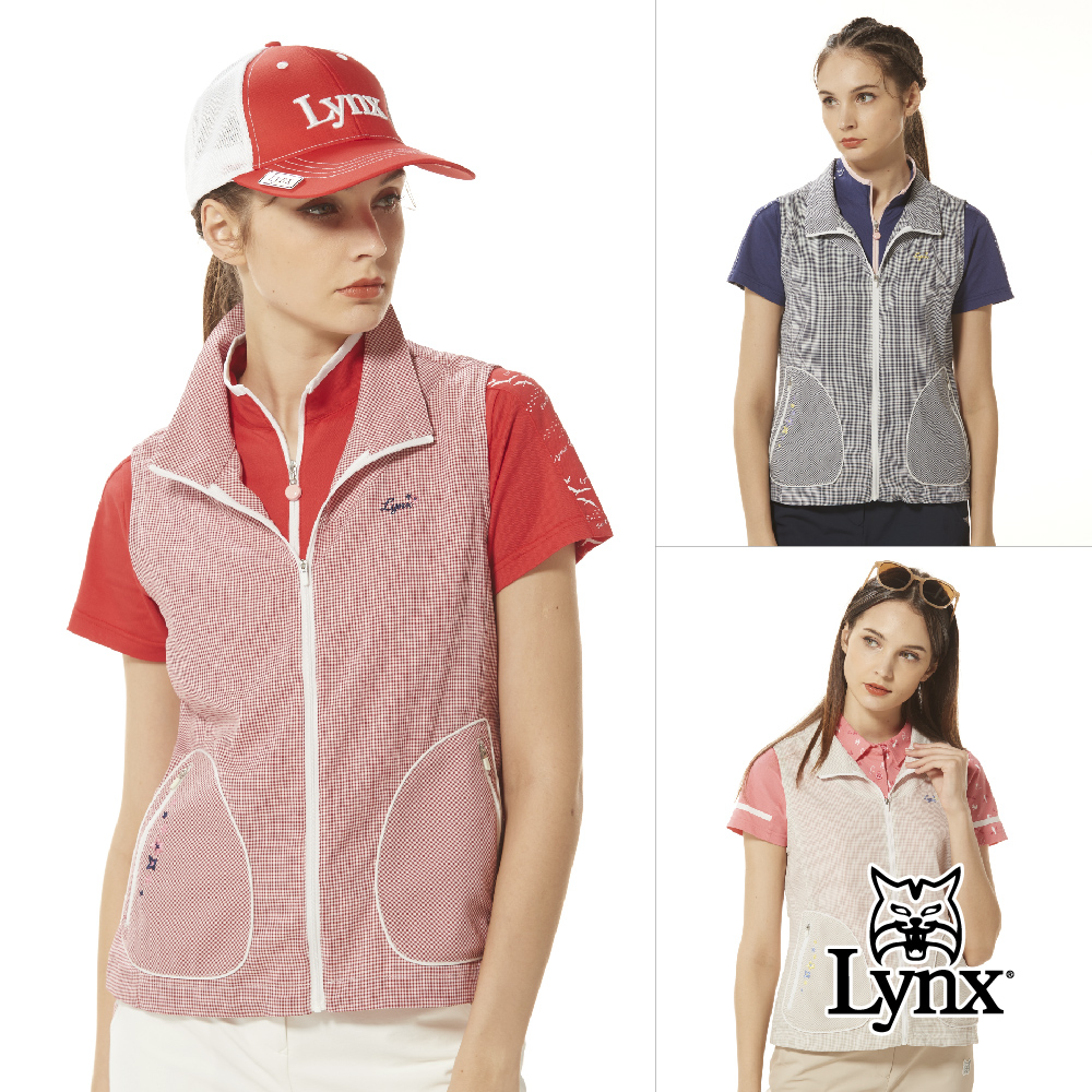 【Lynx Golf】女款日本進口布料吸汗速乾功能百搭格紋配色造型拉鍊口袋無袖背心(三色)