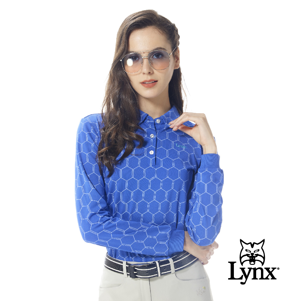 【Lynx Golf】女款吸濕排汗滿版六角蜂巢圖樣領尖扣款式長袖POLO衫-藍色