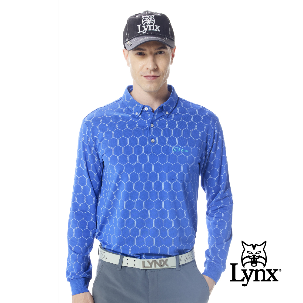 【Lynx Golf】男款吸濕排汗滿版六角蜂巢圖樣胸袋山貓繡花款長袖POLO衫/高爾夫球衫-藍色