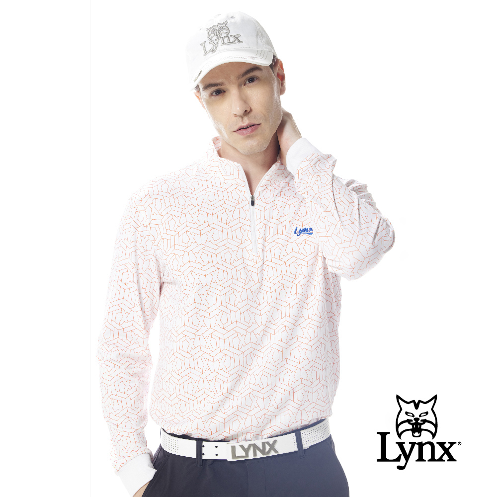 【Lynx Golf】男款吸濕排汗滿版創意線條造型圖樣印花長袖立領POLO衫/高爾夫球衫-白色