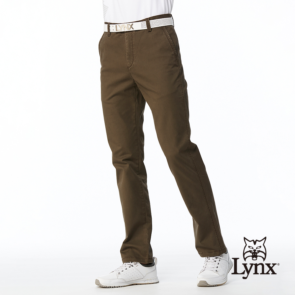 【Lynx Golf】男款純棉彈性舒適精選材質素面百搭基本款平口休閒長褲-深棕色