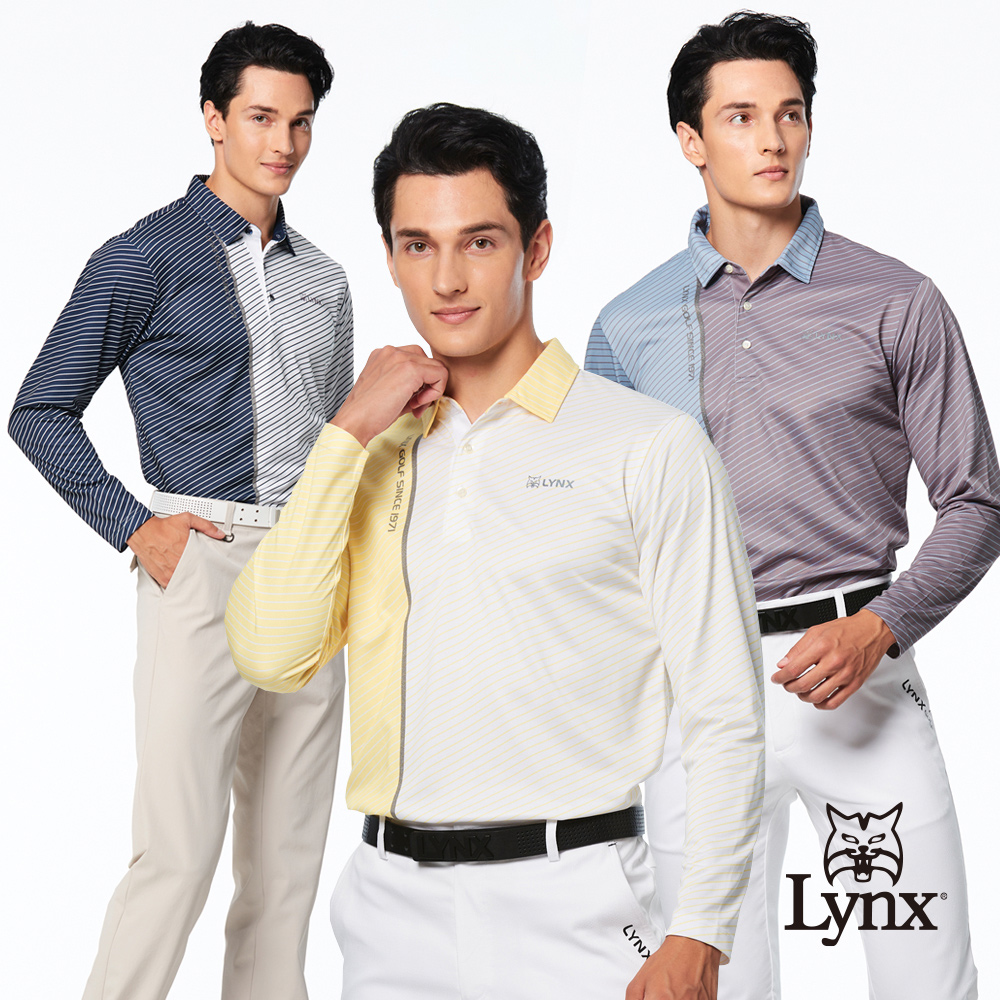 【Lynx Golf】男款吸溼排汗網眼布材質斜條配色布料山貓變色膠印長袖POLO衫(三色)