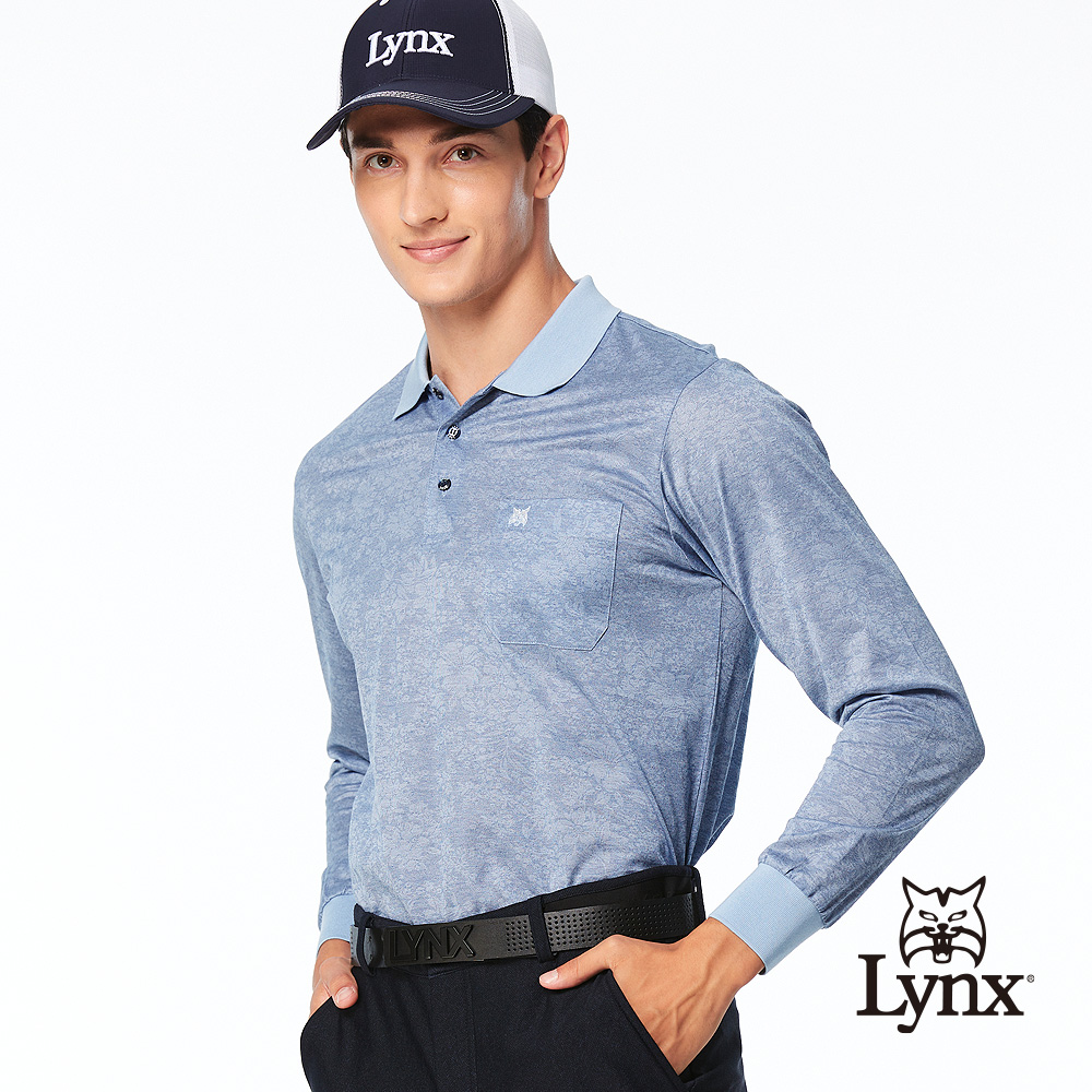 【Lynx Golf】男款歐洲進口布料純棉絲光花卉圖樣造型胸袋款長袖POLO衫-藍色
