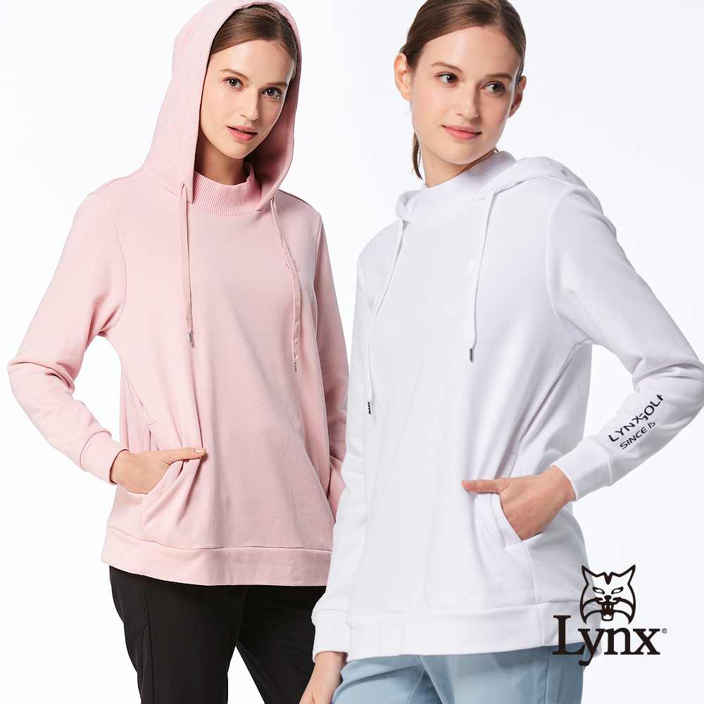 【Lynx Golf】首爾高桿風格!女款法國毛巾布混紡口袋長版帽T長袖圓領POLO衫/高爾夫球衫-白色(二色)