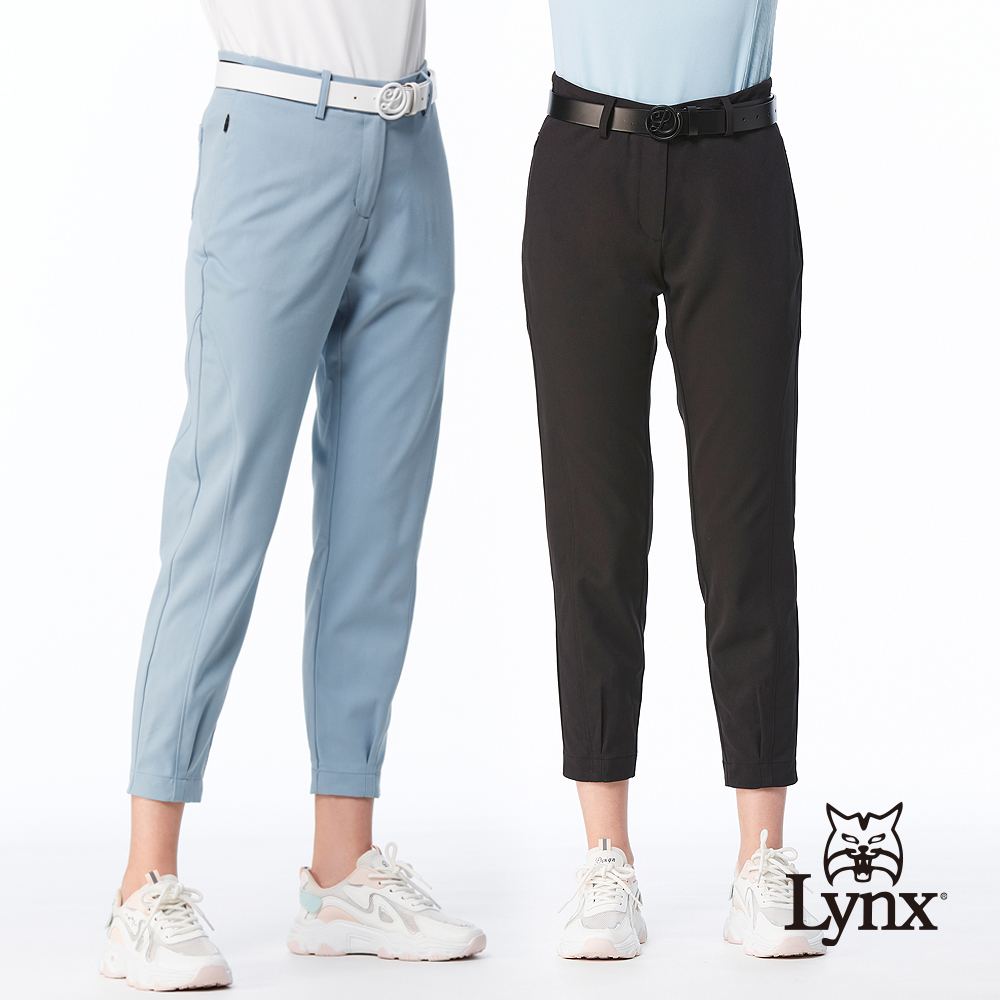 【Lynx Golf】首爾高桿風格!！女款打摺剪接腰圍LOGO針織鬆緊帶隱形拉鍊口袋窄管九分褲(二色)