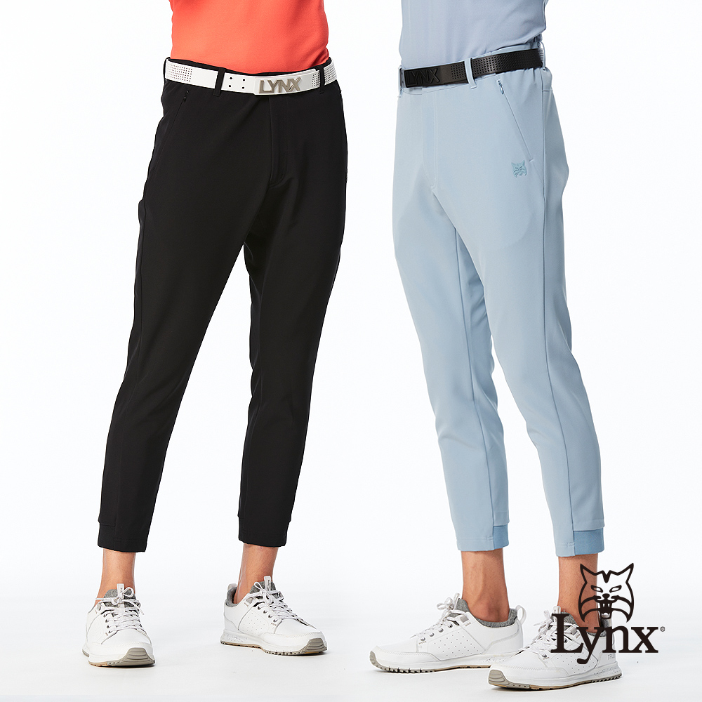 【Lynx Golf】首爾高桿風格!男款防風防潑水隱形拉鍊山貓膠標平口窄管休閒長褲(二色)