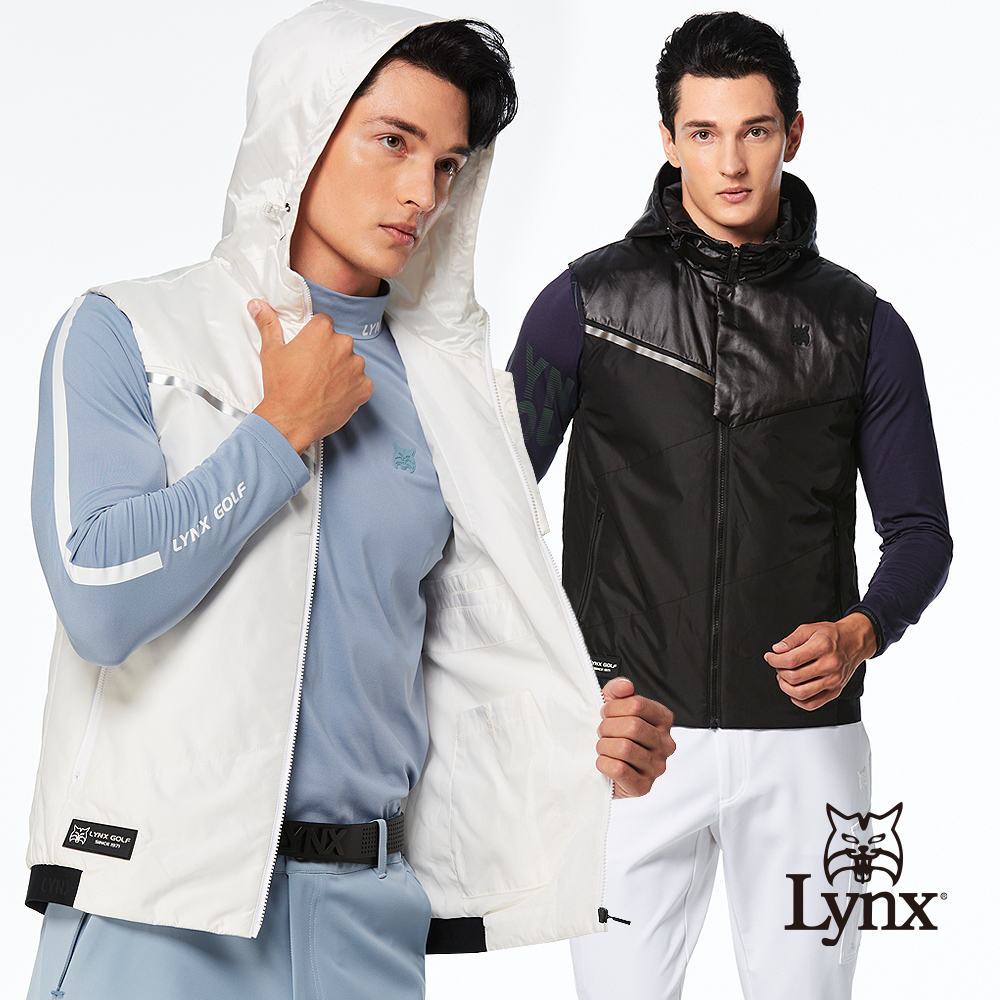 【Lynx Golf】首爾高桿風格!男款防風防潑水鋪棉保暖反光貼膜拉鍊口袋無袖不可拆式連帽背心(二色)
