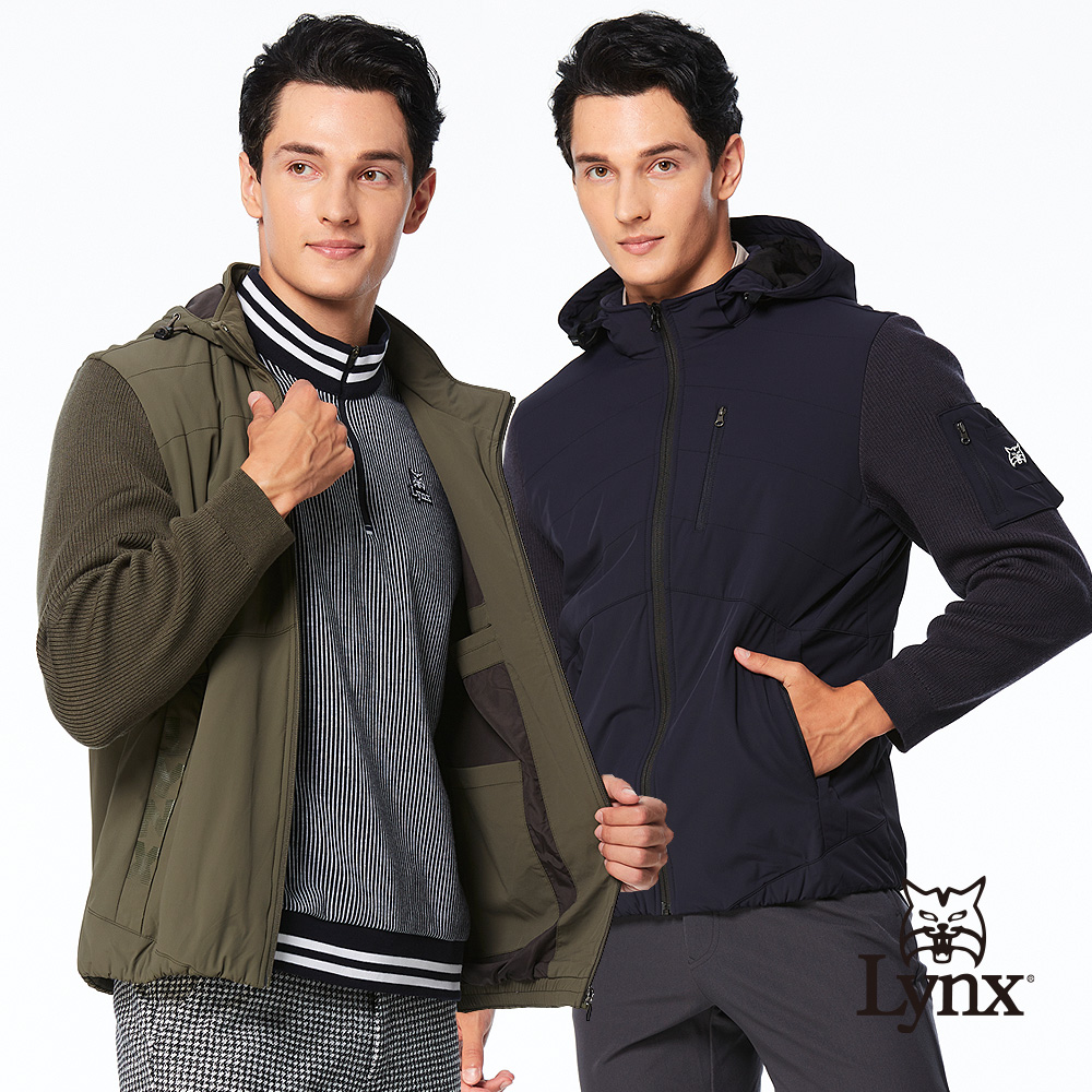 【Lynx Golf】男款保暖防風科技羽絨材質異素材剪裁設計立體貼袋造型長袖可拆式連帽外套(二色)