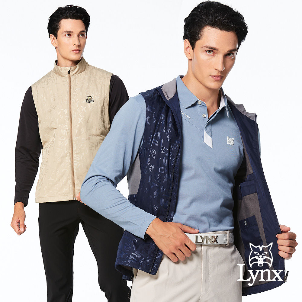 【Lynx Golf】男款防潑水防風保暖刷毛壓光造型羅紋配布剪裁設計拉鍊口袋無袖背心(二色)
