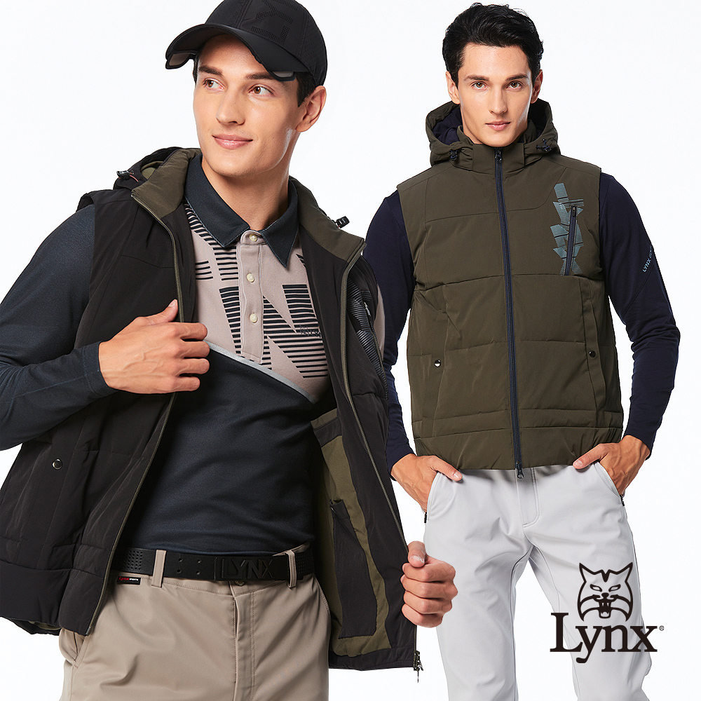 【Lynx Golf】男款保暖防風防潑水科技羽絨材質剪裁壓線設計造型胸袋口袋無袖可拆式連帽背心(二色)