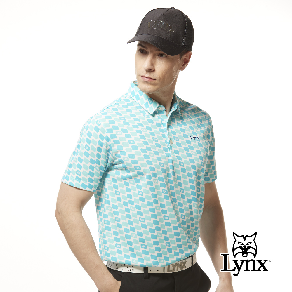 【Lynx Golf】男款吸濕排汗抗UV機能滿版繽紛方塊印花短袖POLO衫/高爾夫球衫-湖水綠色