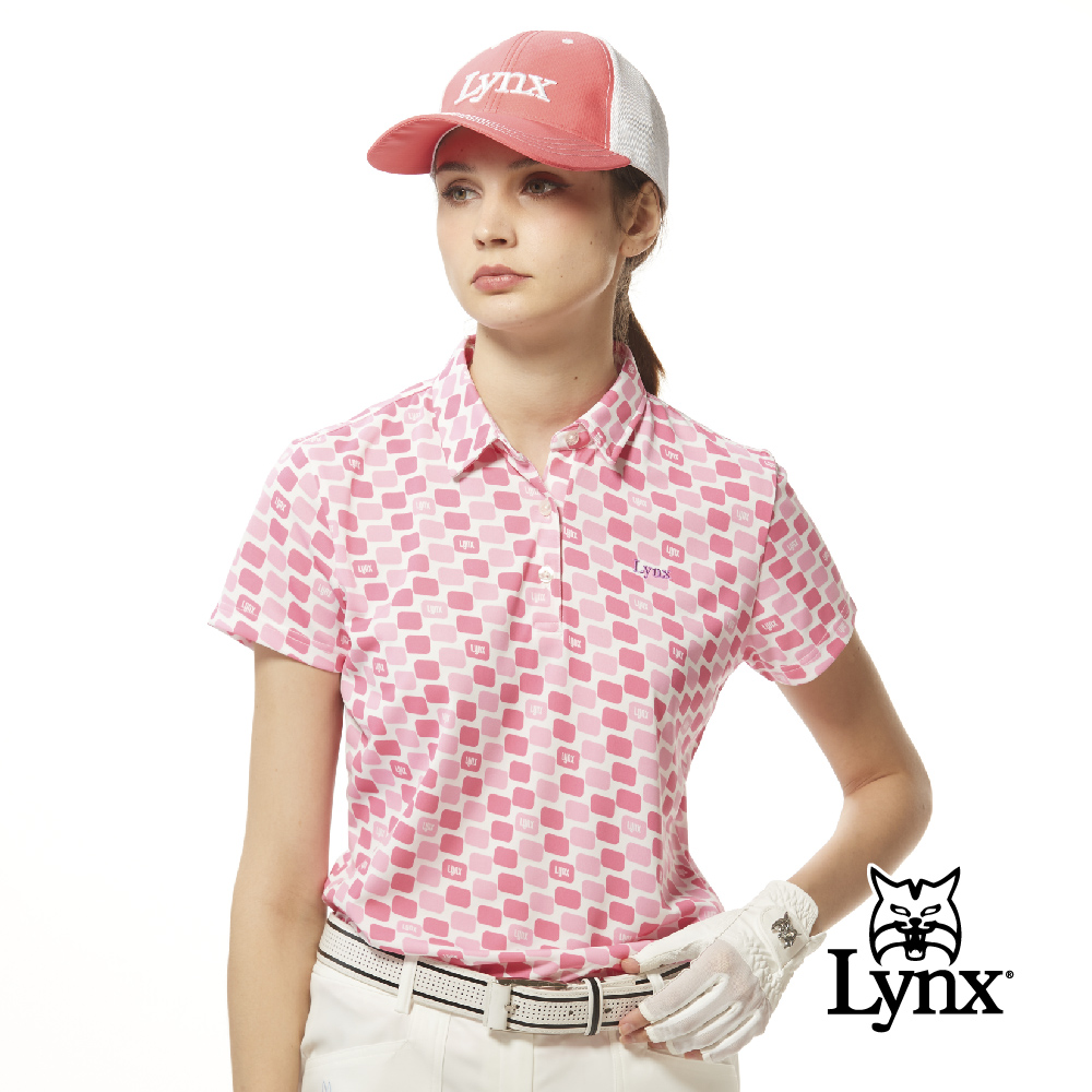 【Lynx Golf】女款吸濕排汗抗UV機能滿版繽紛方塊印花短袖POLO衫/高爾夫球衫-粉紅色
