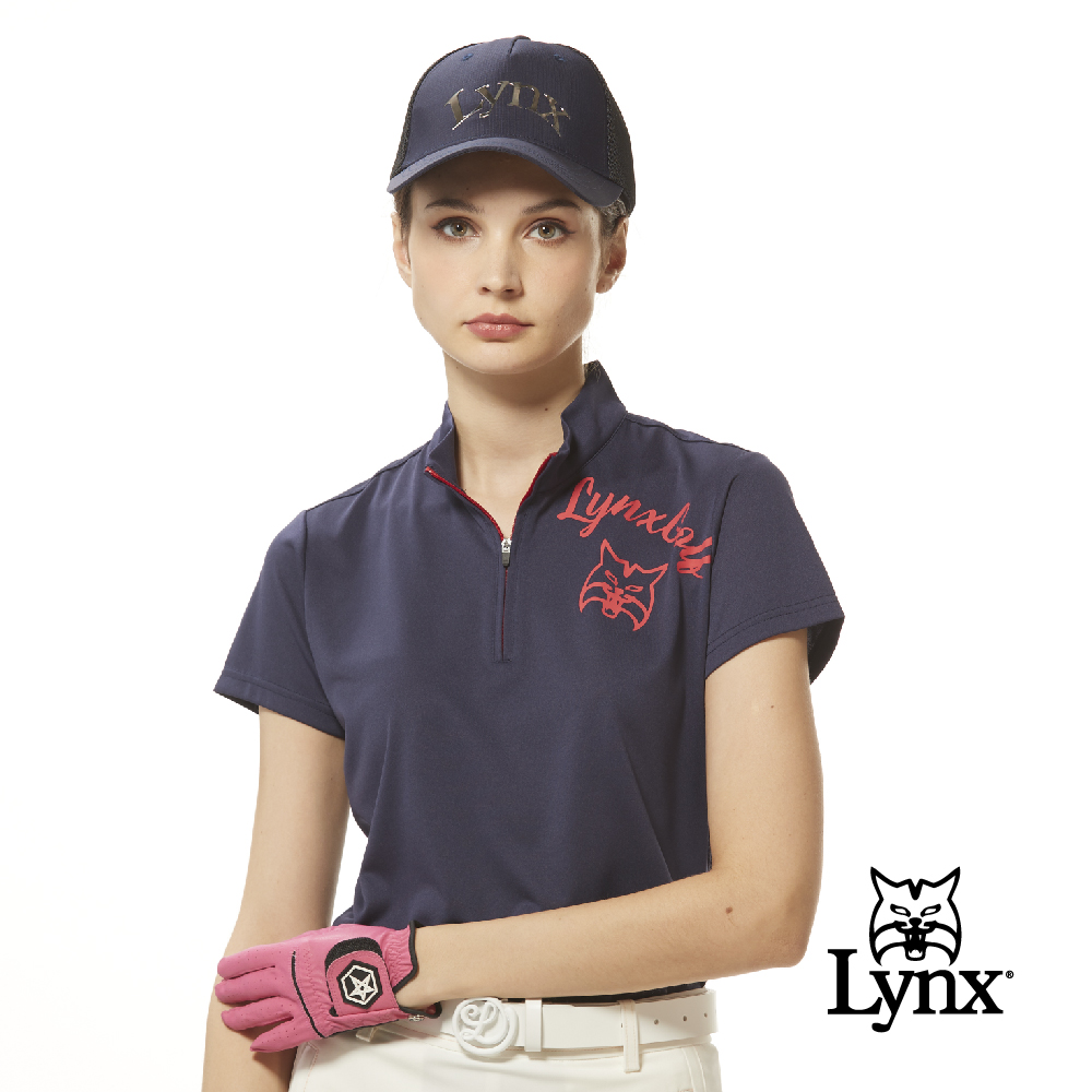 【Lynx Golf】女款吸濕排汗抗UV機能素面個性大山貓蠟感印花短袖立領POLO衫/高爾夫球衫-丈青色