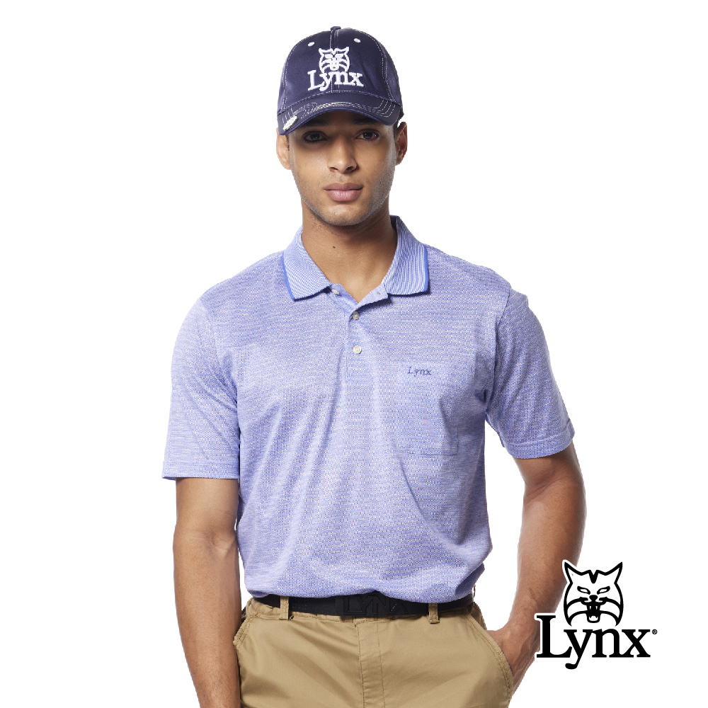 【Lynx Golf】男款歐洲進口絲光緹花面料素面條紋造型胸袋款短袖POLO衫-藍色