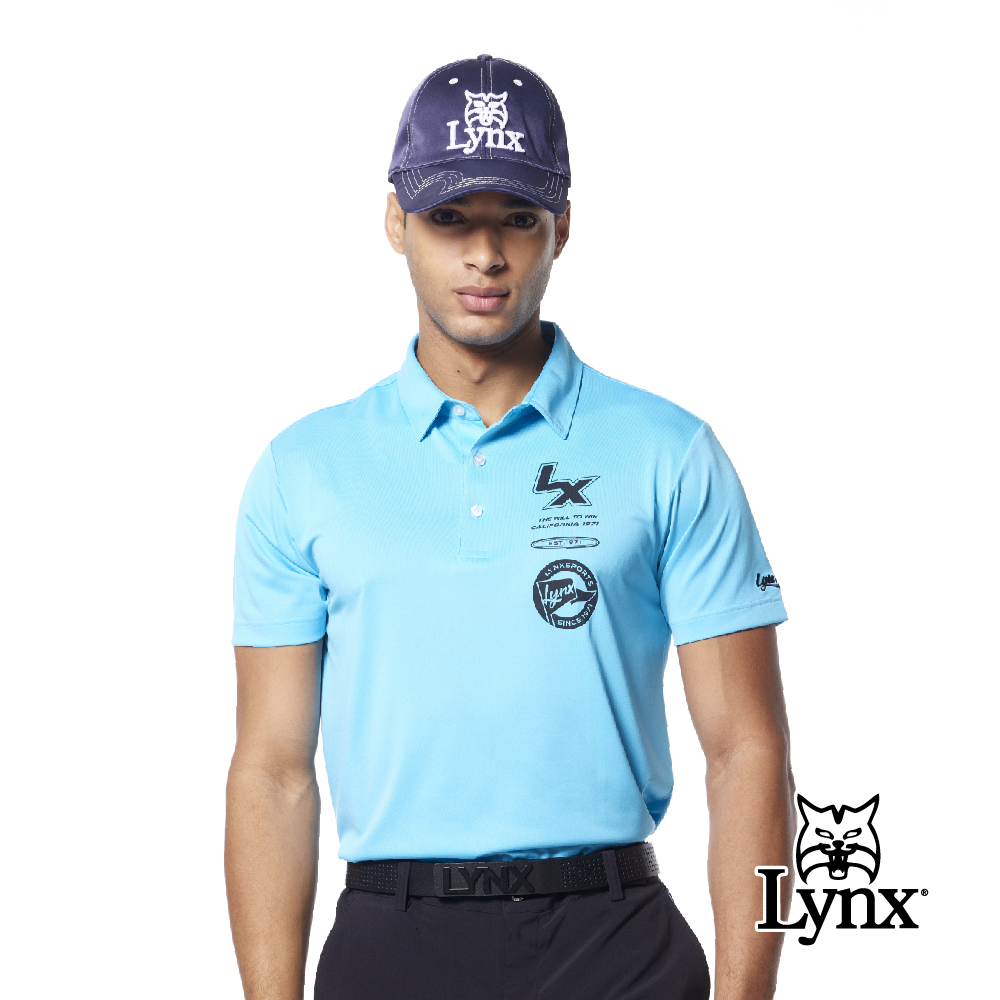 【Lynx Golf】男款吸濕排汗抗UV機能印花造型Lynx字樣繡花短袖POLO衫/高爾夫球衫-中藍色