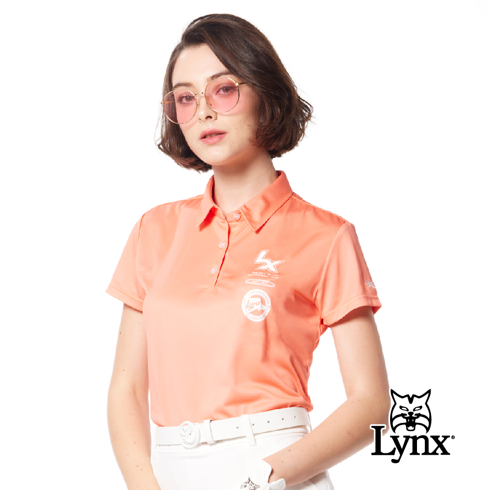 【Lynx Golf】女款吸濕排汗抗UV機能印花造型Lynx字樣繡花短袖POLO衫/高爾夫球衫-粉橘色