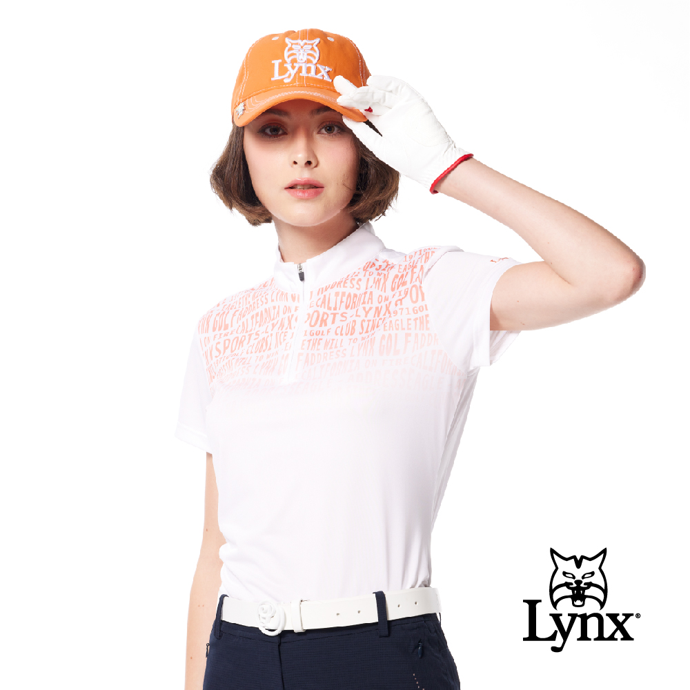 【Lynx Golf】女款吸濕排汗抗UV機能素面漸層品牌字樣印花短袖立領POLO衫/高爾夫球衫-白色