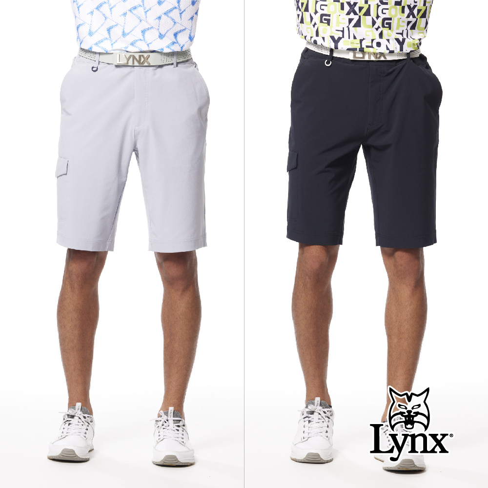 【Lynx Golf】男款防潑水彈性舒適Lynx字樣印花三色織帶剪接造型側袋設計平口休閒短褲(二色)