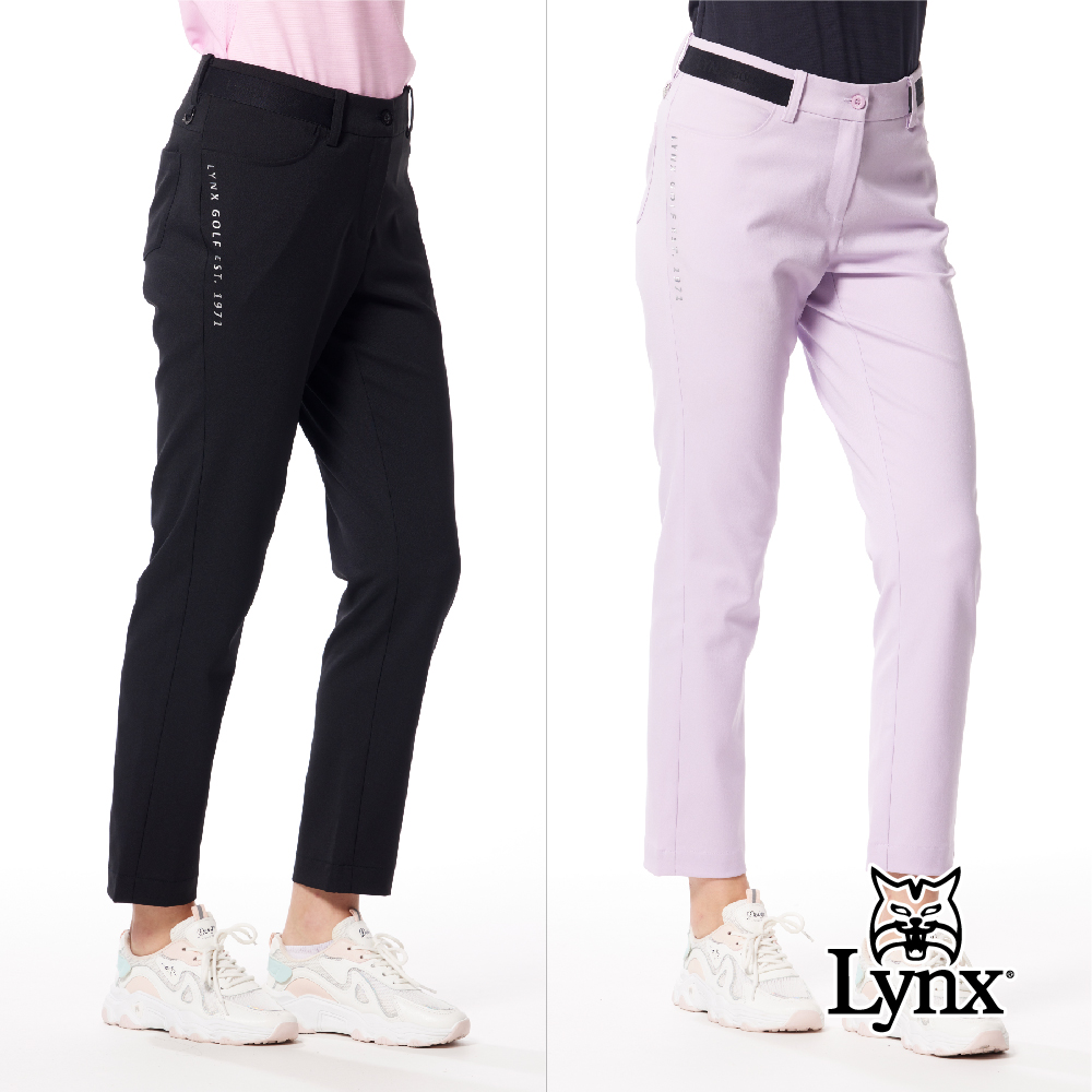 【Lynx Golf】女款日本進口面料環保紗金屬貼膜造型兩側剪接針織帶設計窄管九分褲(二色)