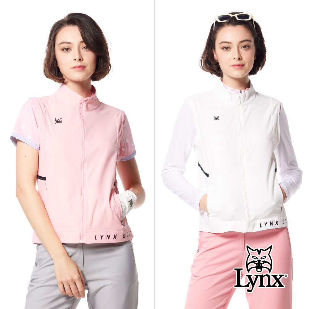 【Lynx Golf】女款吸溼排汗機能織帶剪接設計後背山貓沖孔配布造型無袖背心(二色)