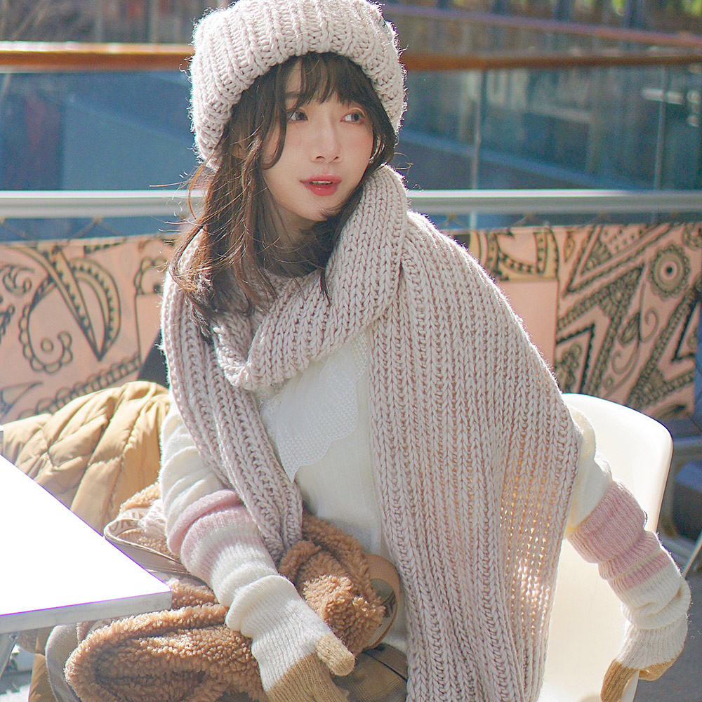 羊毛圍巾【ISW】針織羊毛圍巾-杏色 設計師品牌