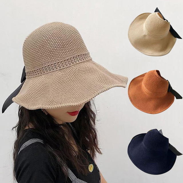 【幸福揚邑】蝴蝶結空頂可捲收防曬抗UV大帽檐遮陽帽(卡其、米、焦糖、藍)