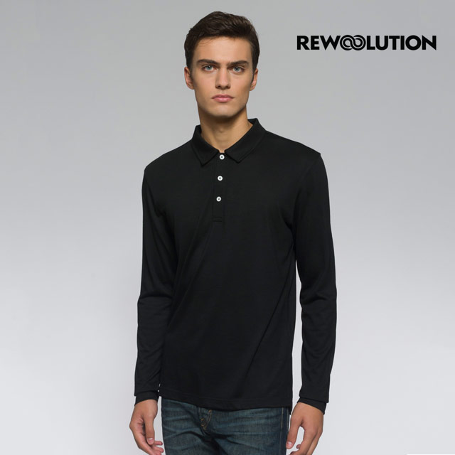 【Rewoolution】男INDY 190g長袖Polo衫[黑色 羊毛衣 登山必備 吸排|REJB2MC30195