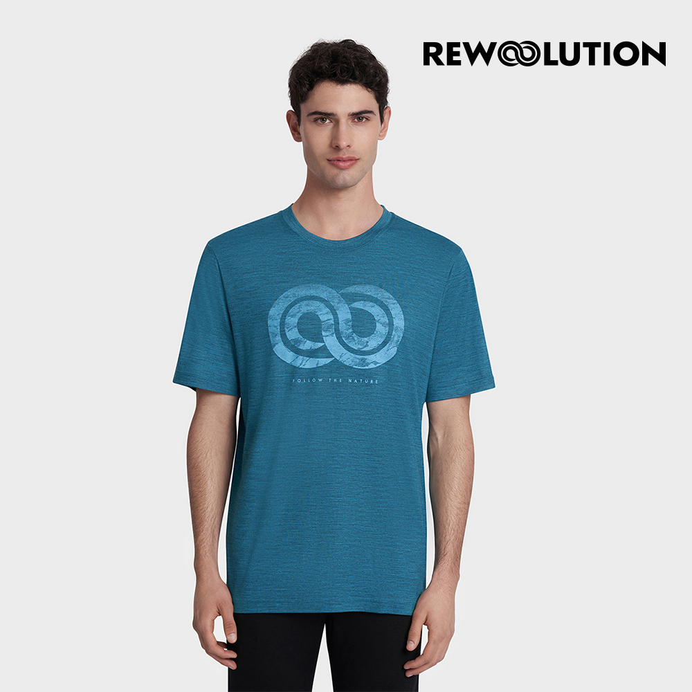 【Rewoolution】男 LOGOTYPE 140g短袖印花T恤(加勒比海藍 ) 短袖羊毛衣|RECB1MC512